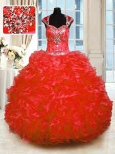 Red Cap Sleeves Beading and Ruffles Floor Length 15th Birthday Dress