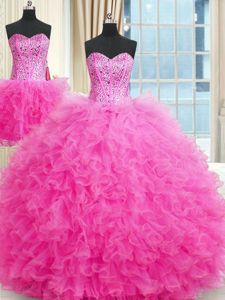 Classical Three Piece Rose Pink Tulle Lace Up Strapless Sleeveless Floor Length 15th Birthday Dress Beading and Ruffles