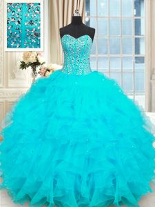 Beautiful Baby Blue Organza Lace Up Vestidos de Quinceanera Sleeveless Floor Length Beading and Ruffles