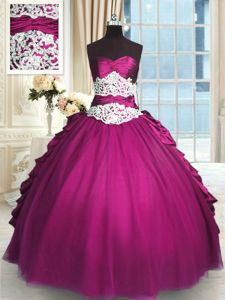 Custom Designed Fuchsia Quinceanera Dresses Military Ball and Sweet 16 and Quinceanera and For with Beading and Lace and Ruching and Pick Ups Sweetheart Sleeveless Lace Up