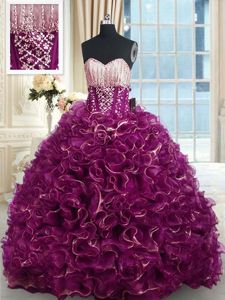 Fuchsia Organza Lace Up Sweetheart Sleeveless With Train Quinceanera Gowns Brush Train Beading and Ruffles