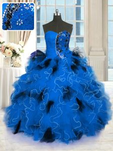 Pretty Blue Tulle Lace Up Strapless Sleeveless Floor Length Quinceanera Dresses Beading and Ruffles