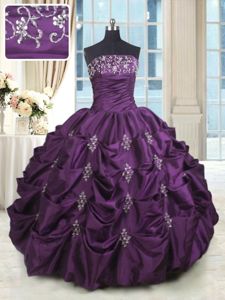 Luxurious Beading and Appliques and Embroidery and Pick Ups Quinceanera Gown Dark Purple Lace Up Sleeveless Floor Length