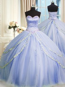 Lavender Vestidos de Quinceanera Military Ball and Sweet 16 and Quinceanera and For with Beading and Appliques Sweetheart Sleeveless Brush Train Zipper