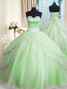 Suitable Apple Green Lace Up Ball Gown Prom Dress Beading and Appliques Sleeveless With Train Court Train