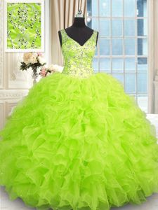 Perfect 15th Birthday Dress Military Ball and Sweet 16 and Quinceanera and For with Beading and Ruffles V-neck Sleeveless Zipper