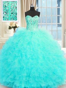 Floor Length Aqua Blue Sweet 16 Dress Sweetheart Sleeveless Lace Up