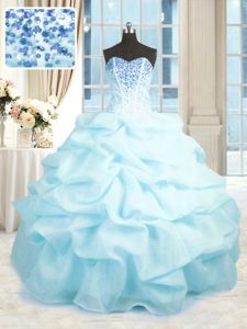 Baby Blue Sleeveless Organza Lace Up Quinceanera Gown for Military Ball and Sweet 16 and Quinceanera