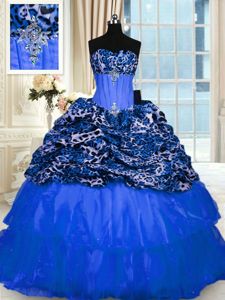 Exquisite Blue Lace Up Strapless Beading and Sequins Sweet 16 Dresses Organza and Printed Sleeveless