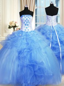 Tulle Strapless Sleeveless Lace Up Pick Ups and Hand Made Flower Quinceanera Gowns in Blue