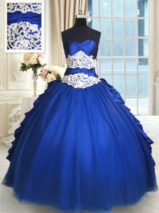 Romantic Floor Length Royal Blue Sweet 16 Dresses Organza and Taffeta and Tulle Sleeveless Beading and Lace and Appliques and Ruffles and Pick Ups