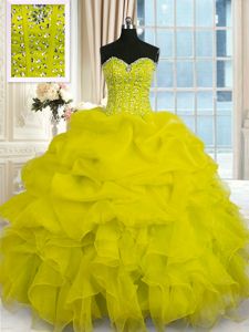 Classical Sleeveless Floor Length Beading and Ruffles Lace Up Ball Gown Prom Dress with Yellow