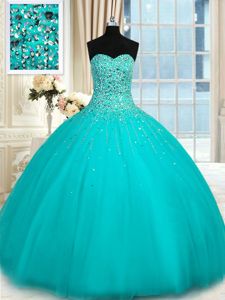 Beautiful Sweetheart Sleeveless Lace Up Sweet 16 Dresses Aqua Blue Organza