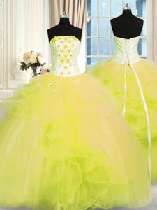 Clearance Strapless Sleeveless Quinceanera Gowns Floor Length Beading and Ruffles Yellow Green Tulle