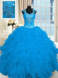 Delicate Floor Length Ball Gowns Cap Sleeves Aqua Blue Sweet 16 Dress Lace Up