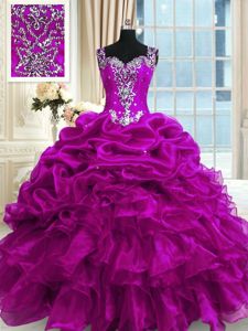 Chic Organza Sleeveless Floor Length Quince Ball Gowns and Beading and Ruffles and Pick Ups