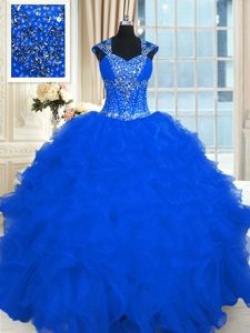 Custom Made Royal Blue Cap Sleeves Organza Lace Up Quinceanera Dress for Military Ball and Sweet 16 and Quinceanera