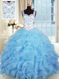 Sleeveless Lace Up Floor Length Beading and Appliques and Ruffles 15th Birthday Dress