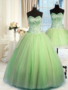 Three Piece Sweetheart Sleeveless 15th Birthday Dress Floor Length Beading Yellow Green Tulle