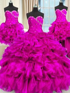 Inexpensive Four Piece Floor Length Fuchsia Vestidos de Quinceanera Organza Sleeveless Beading and Ruffles and Ruching