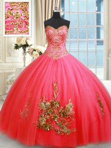 Admirable Beading and Appliques and Embroidery Sweet 16 Dresses Coral Red Lace Up Sleeveless Floor Length