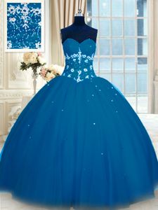 Teal Lace Up Quince Ball Gowns Appliques and Embroidery Sleeveless Floor Length