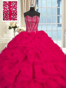 Organza Sweetheart Sleeveless Brush Train Lace Up Beading and Ruffles 15th Birthday Dress in Red