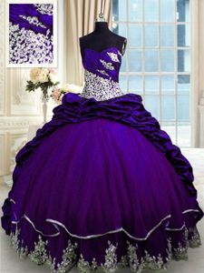 Purple Sleeveless Brush Train Beading and Appliques and Pick Ups Quinceanera Gown