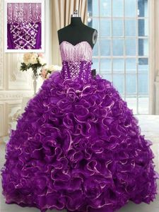 Popular Sleeveless Brush Train Beading and Ruffles Lace Up Quinceanera Dress