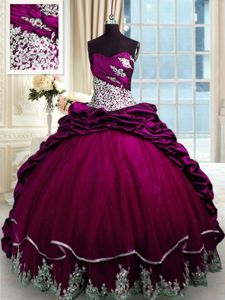 Admirable Fuchsia Taffeta Lace Up Quinceanera Dresses Sleeveless Brush Train Beading and Appliques and Pick Ups