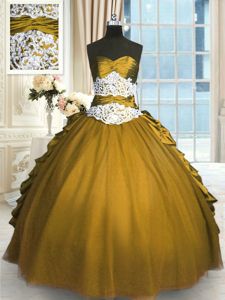 Olive Green Taffeta and Tulle Lace Up Quince Ball Gowns Sleeveless Floor Length Beading and Appliques and Pick Ups