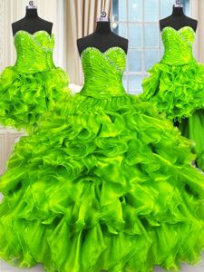 Unique Four Piece Floor Length Quince Ball Gowns Organza Sleeveless Beading and Ruffles and Ruching