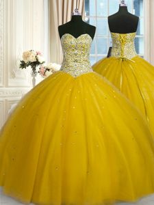 Sweetheart Sleeveless Quinceanera Dress Floor Length Beading and Sequins Gold Tulle