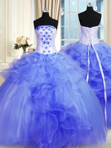 Ideal Strapless Sleeveless 15 Quinceanera Dress Floor Length Pick Ups and Hand Made Flower Blue Tulle