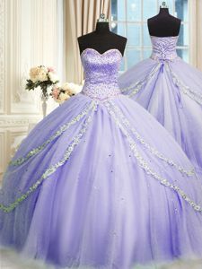 With Train Ball Gowns Sleeveless Lavender Ball Gown Prom Dress Court Train Lace Up