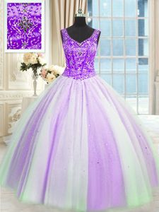 White And Purple Ball Gowns Tulle V-neck Sleeveless Beading and Sequins Floor Length Lace Up Ball Gown Prom Dress