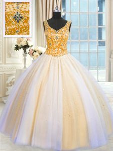 Sleeveless Tulle Floor Length Lace Up Quinceanera Gown in Multi-color for with Beading and Sequins