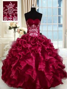 Edgy Wine Red Lace Up Sweetheart Beading and Appliques and Ruffles Quinceanera Dresses Organza Sleeveless