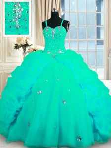 Chic Turquoise Sleeveless Sweep Train Beading and Ruffles With Train Quinceanera Dresses