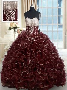 Top Selling Brown Ball Gowns Sweetheart Sleeveless Organza With Brush Train Lace Up Beading and Ruffles Sweet 16 Quinceanera Dress