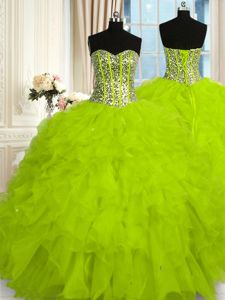 Yellow Green Ball Gowns Sweetheart Sleeveless Organza Floor Length Lace Up Beading and Ruffles Quinceanera Gowns