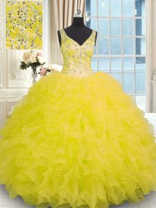 Modern Yellow Sleeveless Organza Zipper Quinceanera Dresses for Military Ball and Sweet 16 and Quinceanera