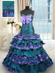 Simple Peacock Green Lace Up Sweetheart Appliques and Ruffled Layers and Bowknot Sweet 16 Dresses Taffeta Sleeveless Sweep Train