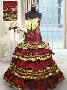 Wine Red Lace Up Quinceanera Gowns Appliques and Embroidery and Ruffled Layers and Bowknot Sleeveless Sweep Train