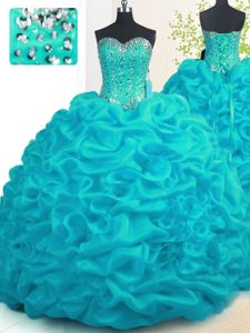 Sweetheart Sleeveless Brush Train Lace Up Quince Ball Gowns Aqua Blue Organza