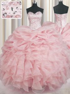 Flare Baby Pink Sleeveless Beading and Ruffles Floor Length Quince Ball Gowns