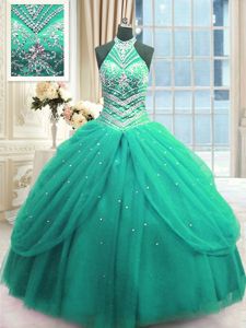 Inexpensive Floor Length Turquoise 15th Birthday Dress High-neck Sleeveless Lace Up