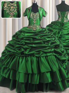 Sleeveless Taffeta With Brush Train Lace Up Ball Gown Prom Dress in Dark Green for with Beading and Appliques and Pick Ups