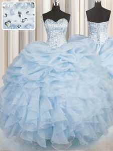 Light Blue Ball Gowns Beading and Ruffles Quinceanera Dress Lace Up Organza Sleeveless Floor Length