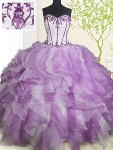 New Style Ball Gowns 15 Quinceanera Dress White And Purple Sweetheart Organza Sleeveless Floor Length Lace Up